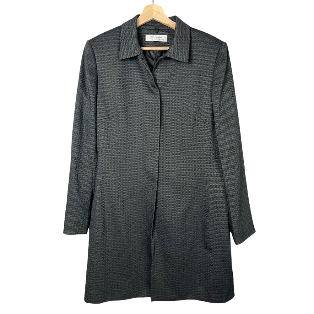 Tahari Dark Gray Jacquard Textured‎ Long Blazer Jacket S
